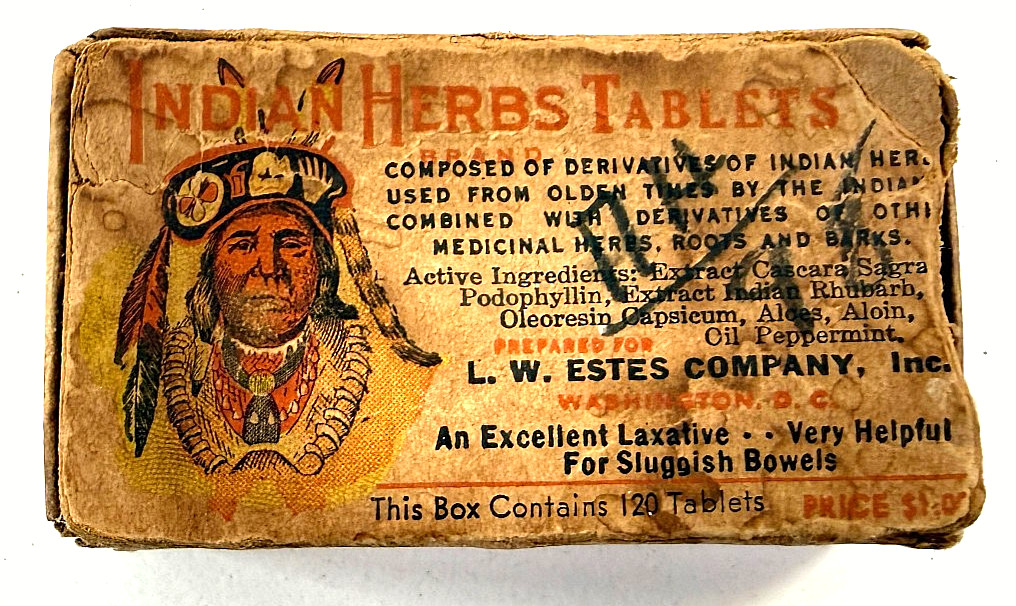 Antique Indian Herbs Tablets box w/ contents Advertising Medicine Quack pharmacy