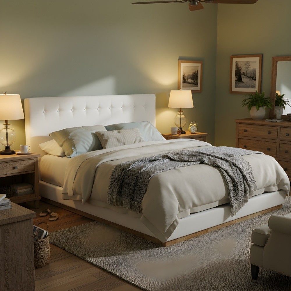 Solid Rubber Wood Platform Bed with Upholstered Headboard, Modern Tufted Design