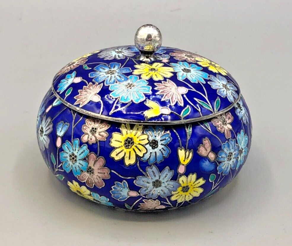 Beautirul Enameled 99% Silver Powder Jar / Decorative Jar 3.5″ x 2.5″