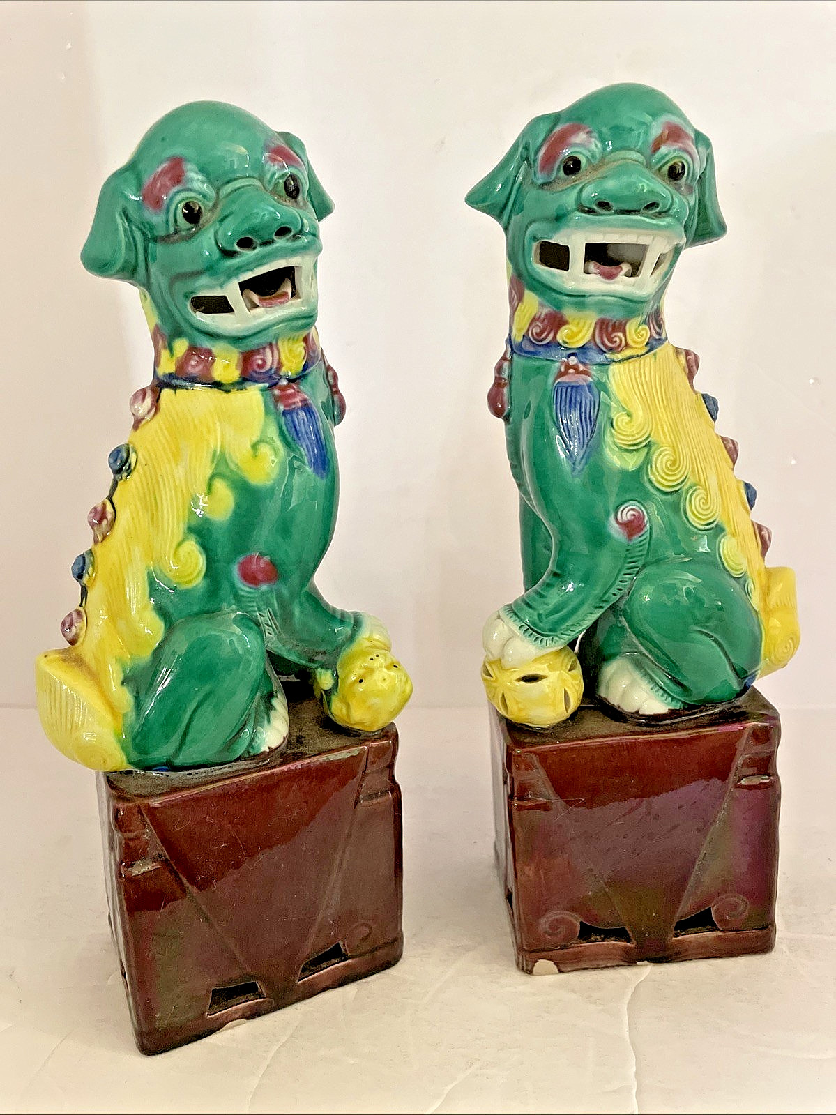 Chinese multi colored Foo Dog Statues , a marked pair, mid 20th century RARE!