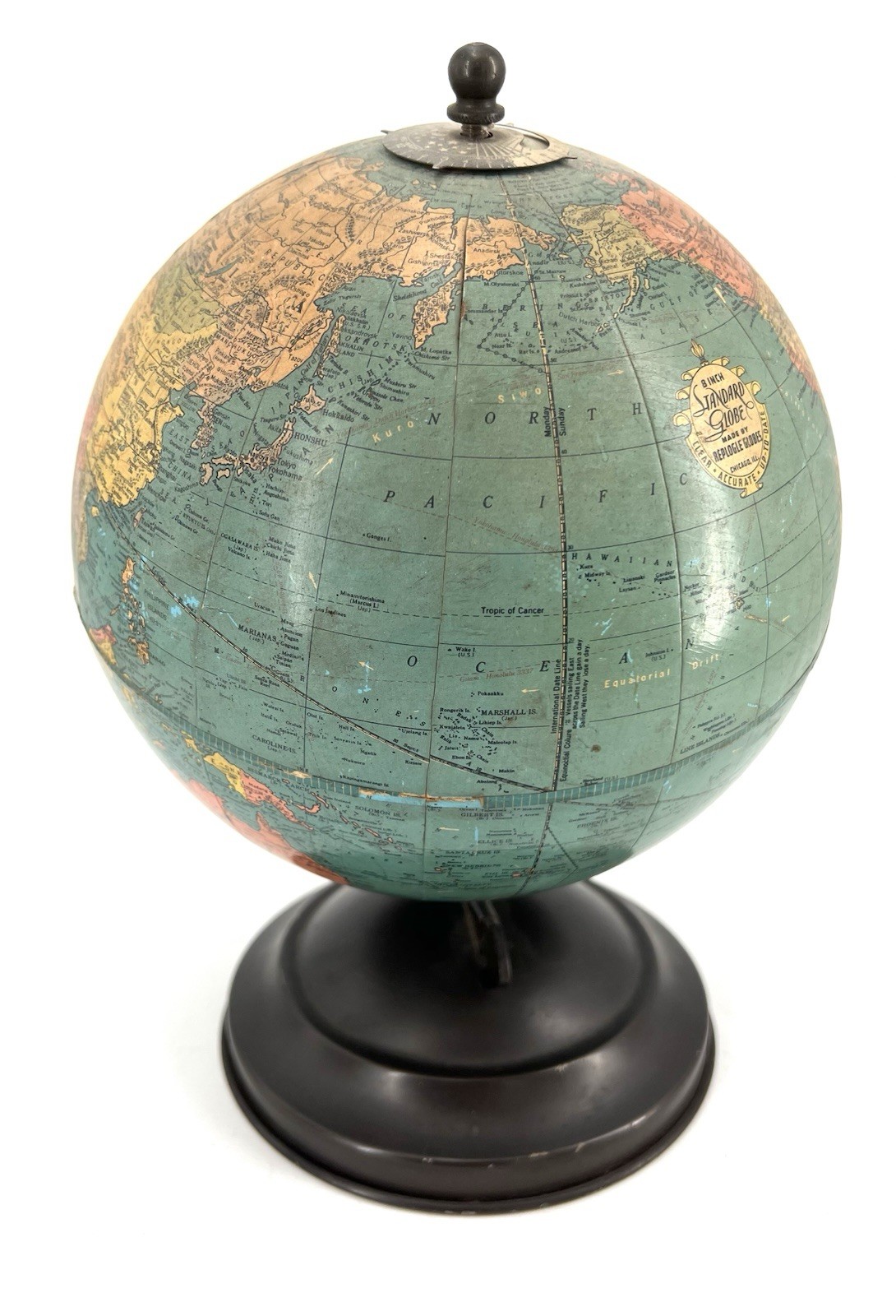 Vintage Replogle 8 Inch Standard Globe 1940’s – Metal w/ Paper Surface. Pre WWII