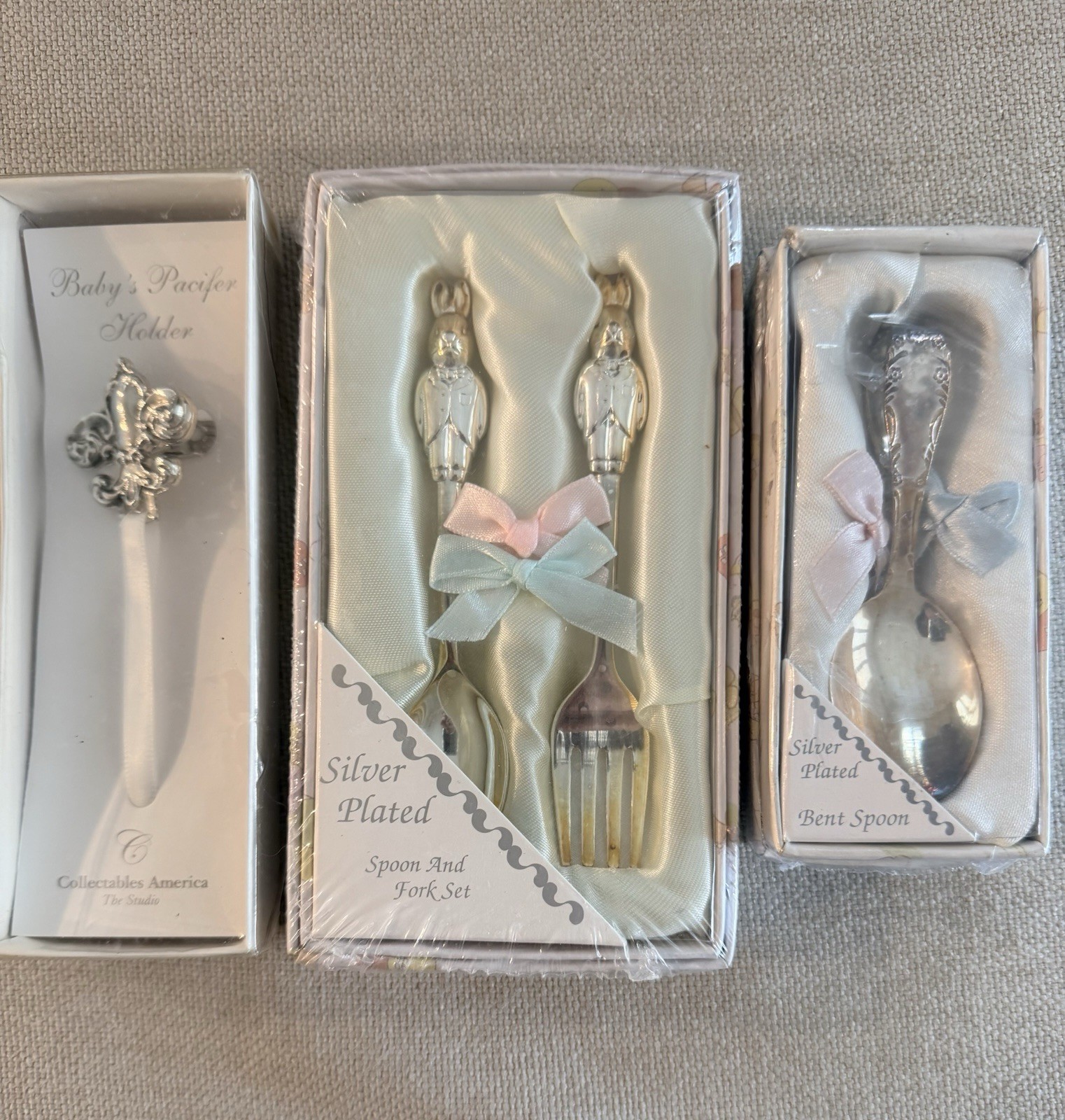 Silver Plated Baby Bundle Bunny Spoon/Fork Set, Bent Spoon, Pacifier Holder