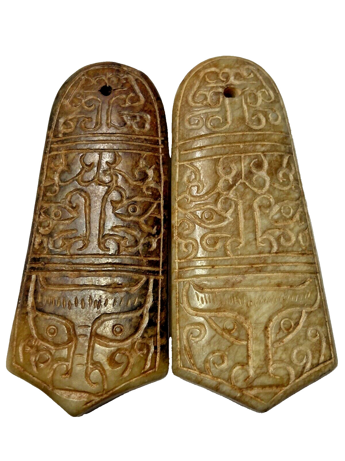 RUSSETED YELLOW JADE HUMAN FACE ORNAMENT PENDANTS, SHANG DYNASTY 1600-1046BC