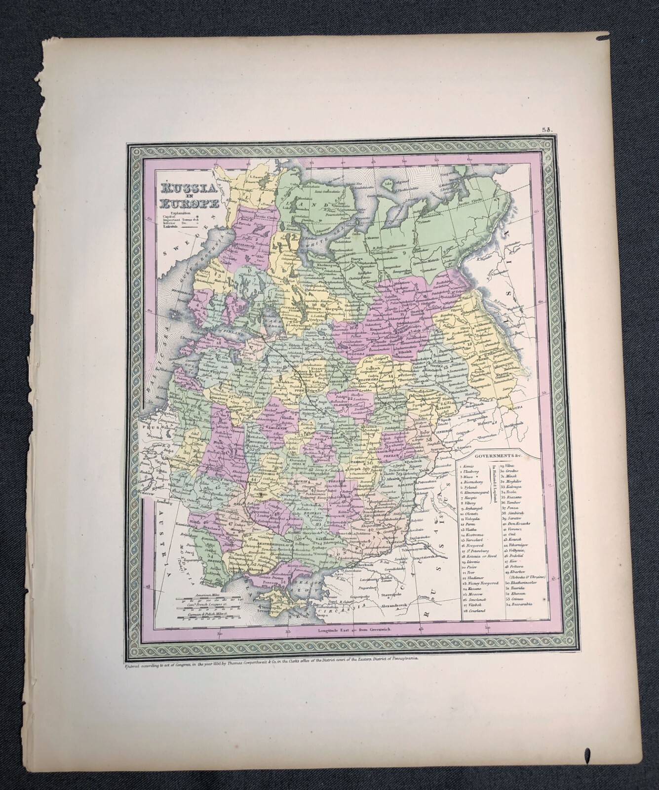 Rare 1850 Cowperthwait Map RUSSIA in Europe Mitchell’s New Universal Atlas 1855