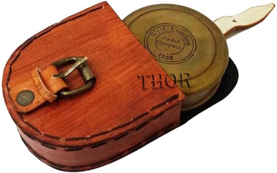 Authentic Vintage Brass Pocket Compass with Leather Case Rustic Vintage Home