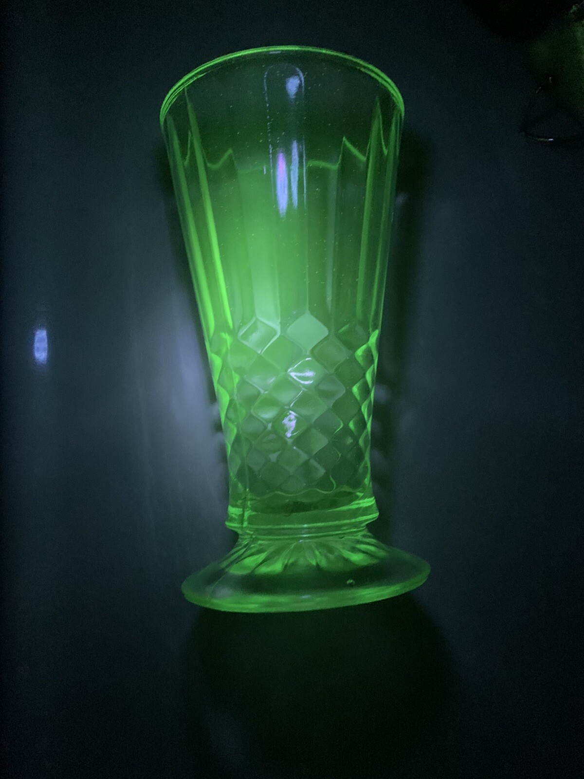 Green Glass Vase Vintage & Footed. 6.5 Inches Tall.