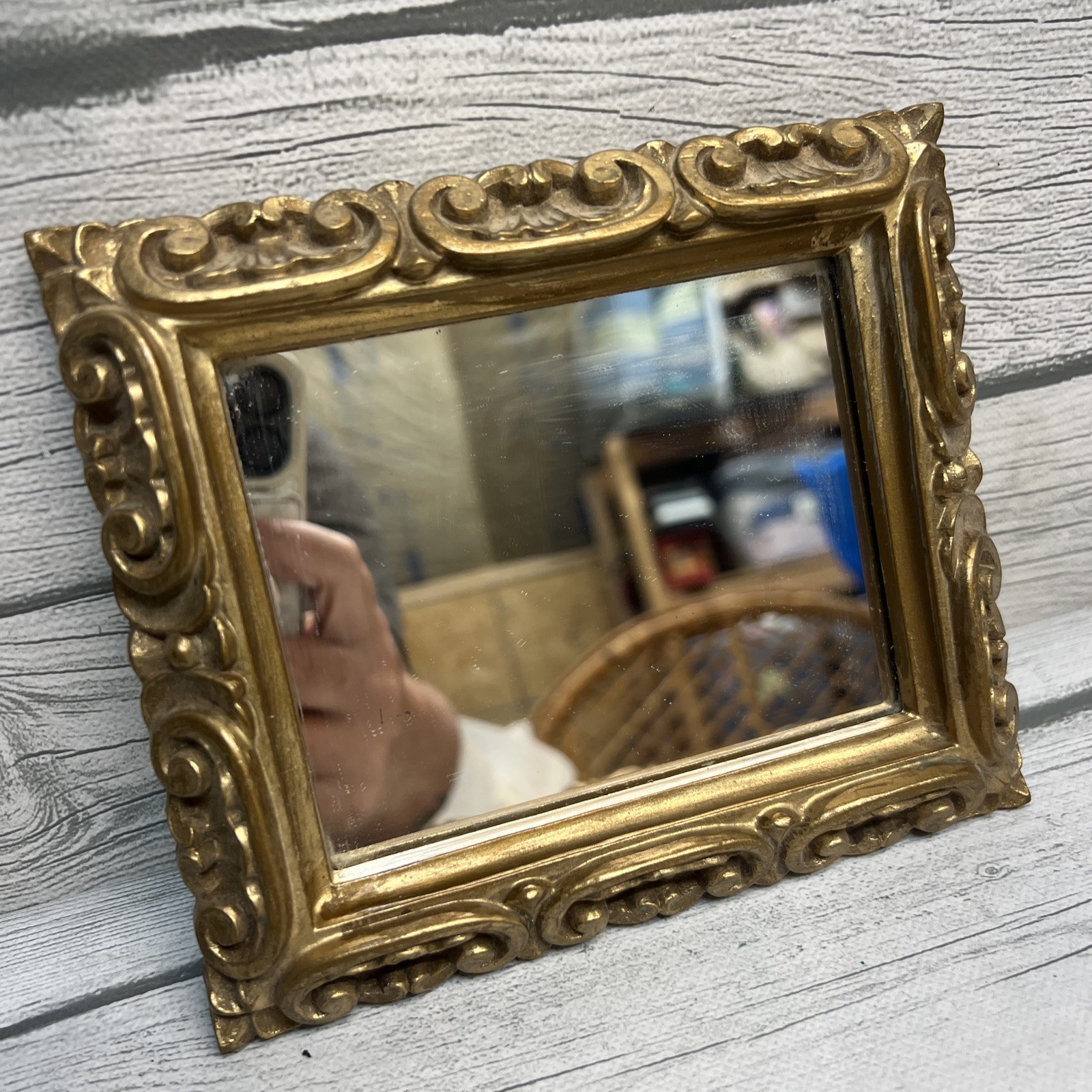 Vintage MCM Style 7” Gold Tone Filigree Mirror Resin Wall Art