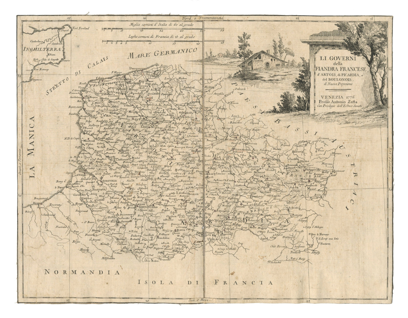 Antique Map “Li Governi della Fiandra Francese” (French Flanders) Zatta, 1776