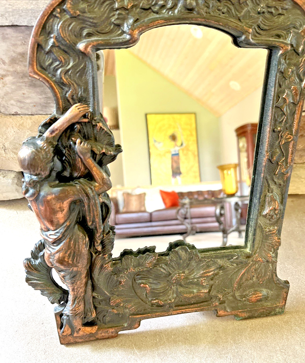 VINTAGE ART NOUVEAU VANITY TABLE MIRROR / CAST IRON w/ COPPER FINISH 17″H x 13″W
