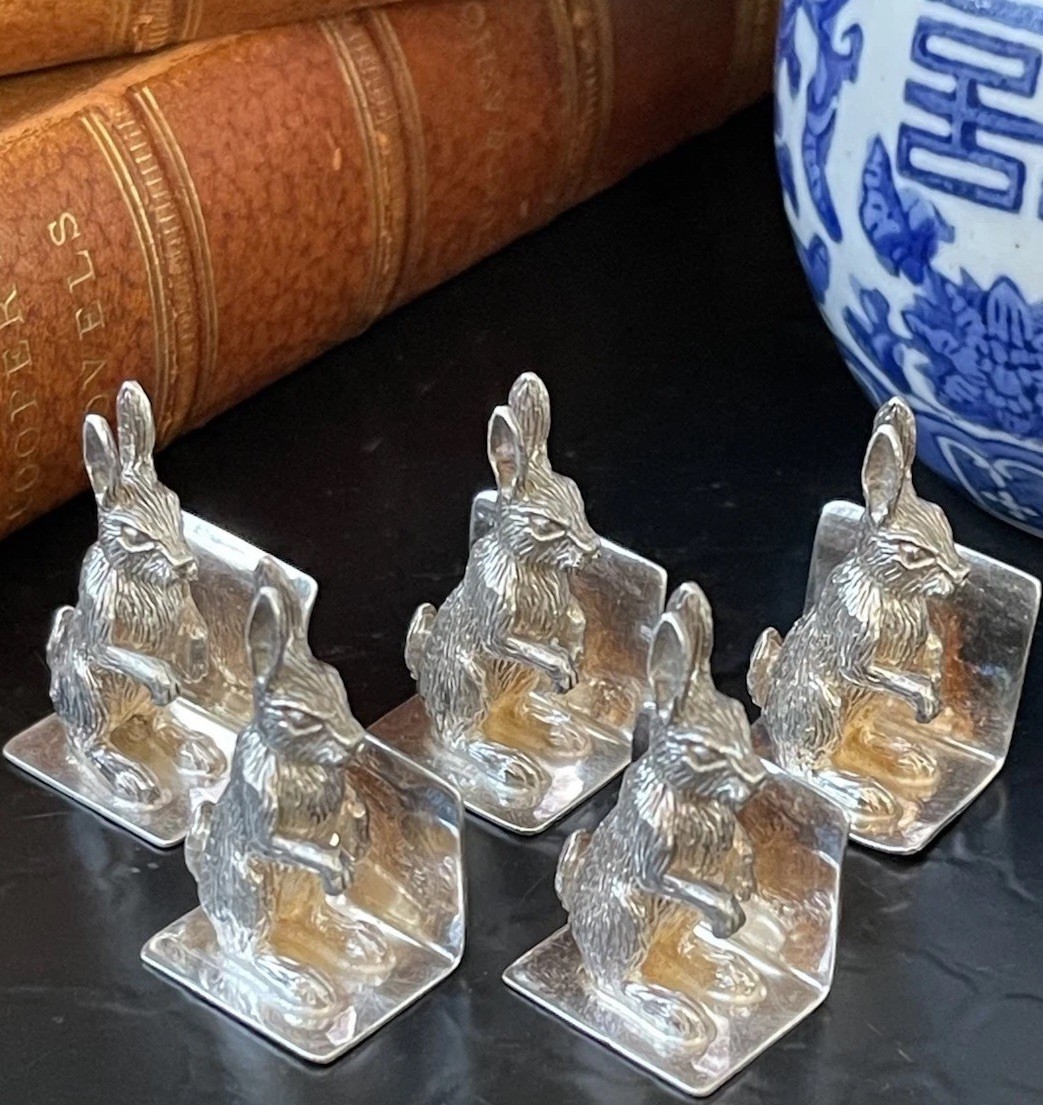 Set FIVE Rare English Sterling Silver Rabbit Hare Bunny Menu Place Card Holders