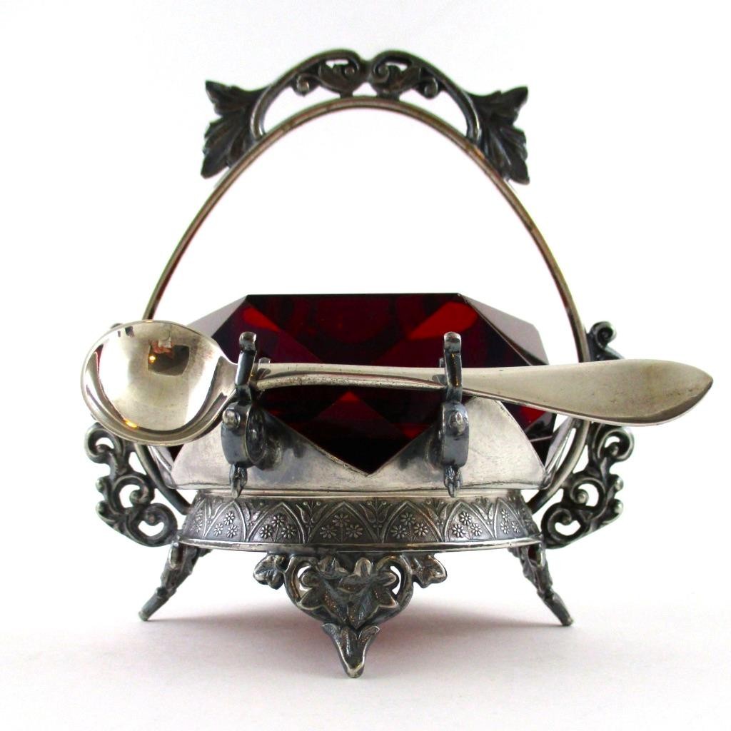 Ruby RED glass Master OPEN SALT – TORONTO S.P. #627 – Quad Silver Holder, Spoon