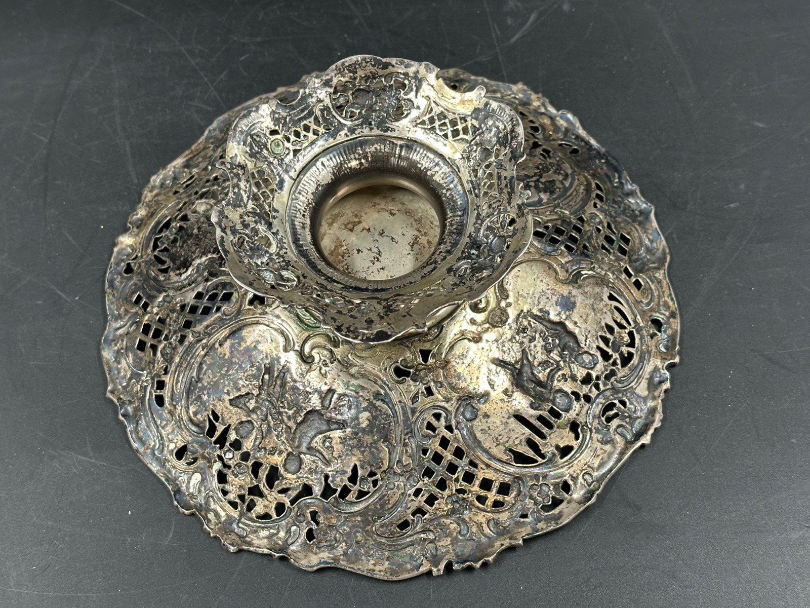 Antique German 800 Silver Repousse Pierced Centerpiece Bowl Cherubs 338g 8 1/2”