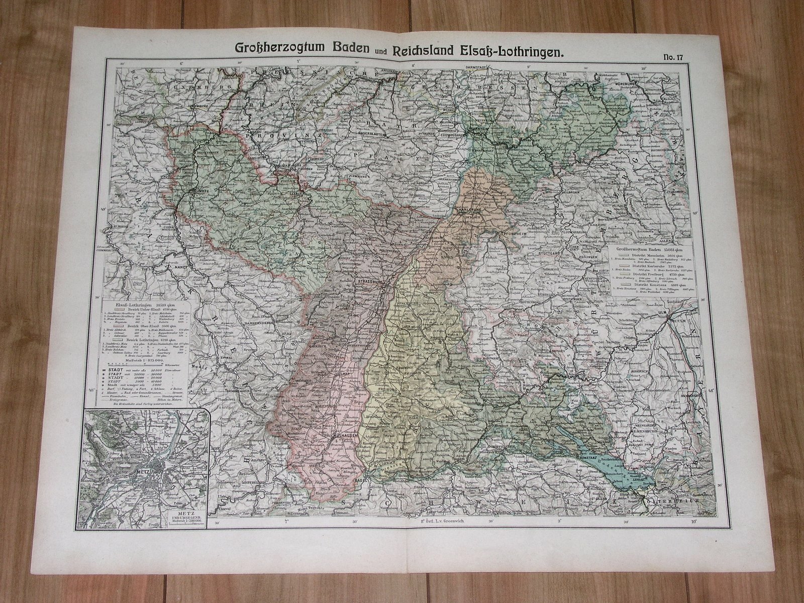 1905 ANTIQUE MAP OF GERMAN LORRAINE ALSACE STRASBOURG METZ FRANCE BADEN GERMANY
