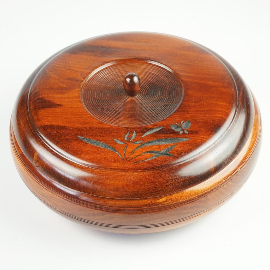 Wood Lacquer Covered Candy Bowl 9.6in Round Brown Kashiki Lid Container China