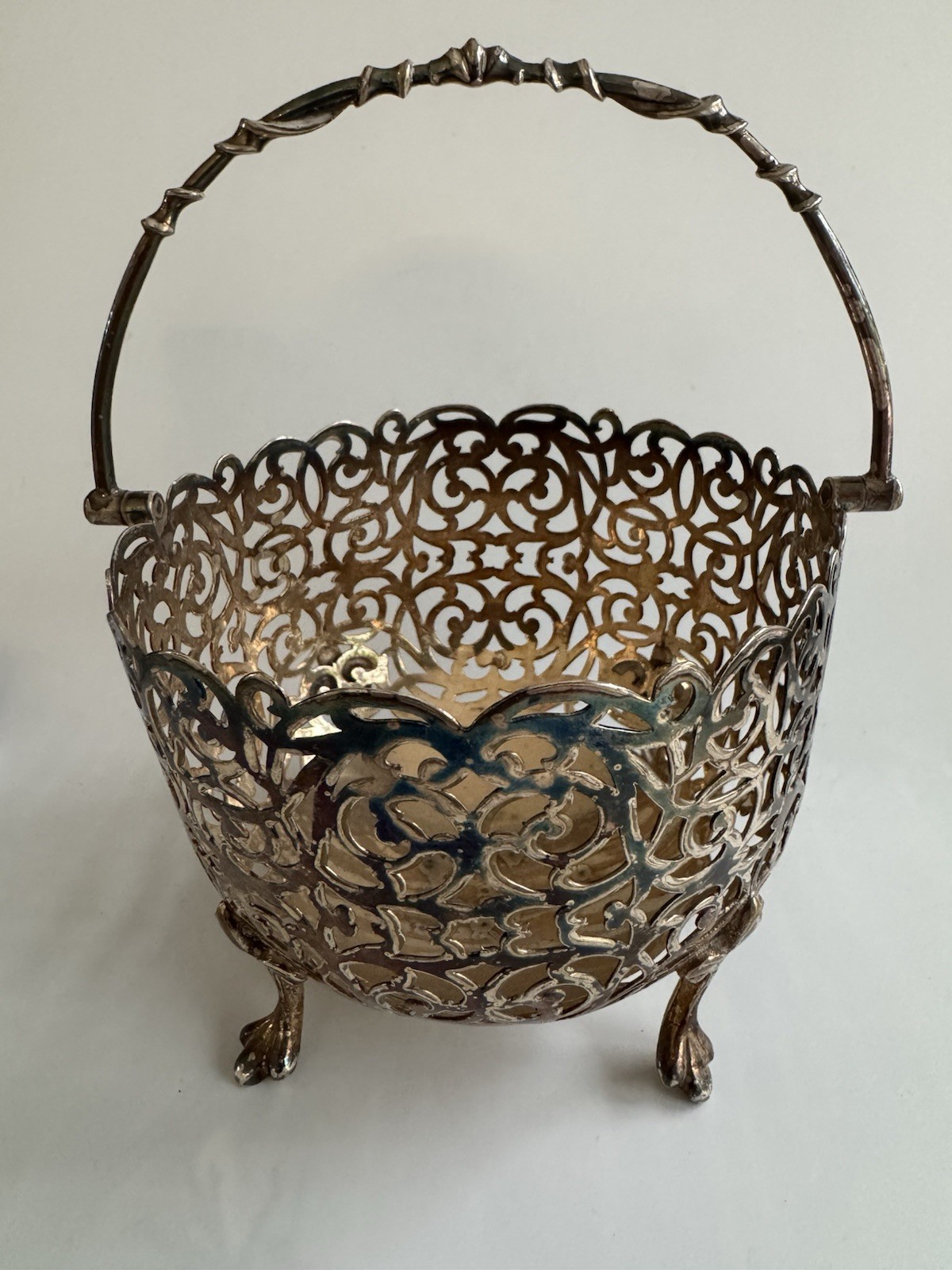 Vintage Silver Plated Pierced Sugar Basket Swing Handle Filigree Bonbon Dish