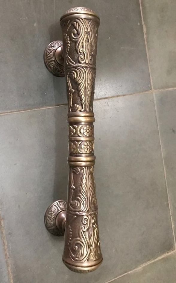 2 large DOOR handle pulls 32 cm solid engraved brass aged old style 13 “