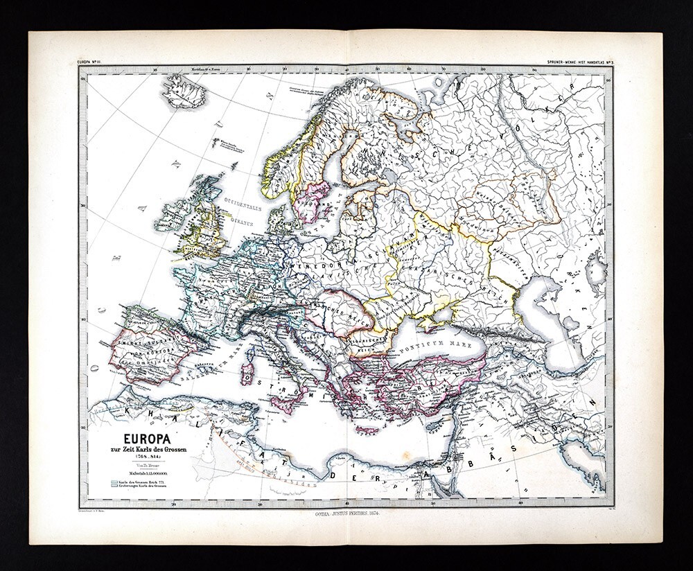 1880 Spruner Map Europe 768-814 Charlemagne Empire France Germany Islamic Spain