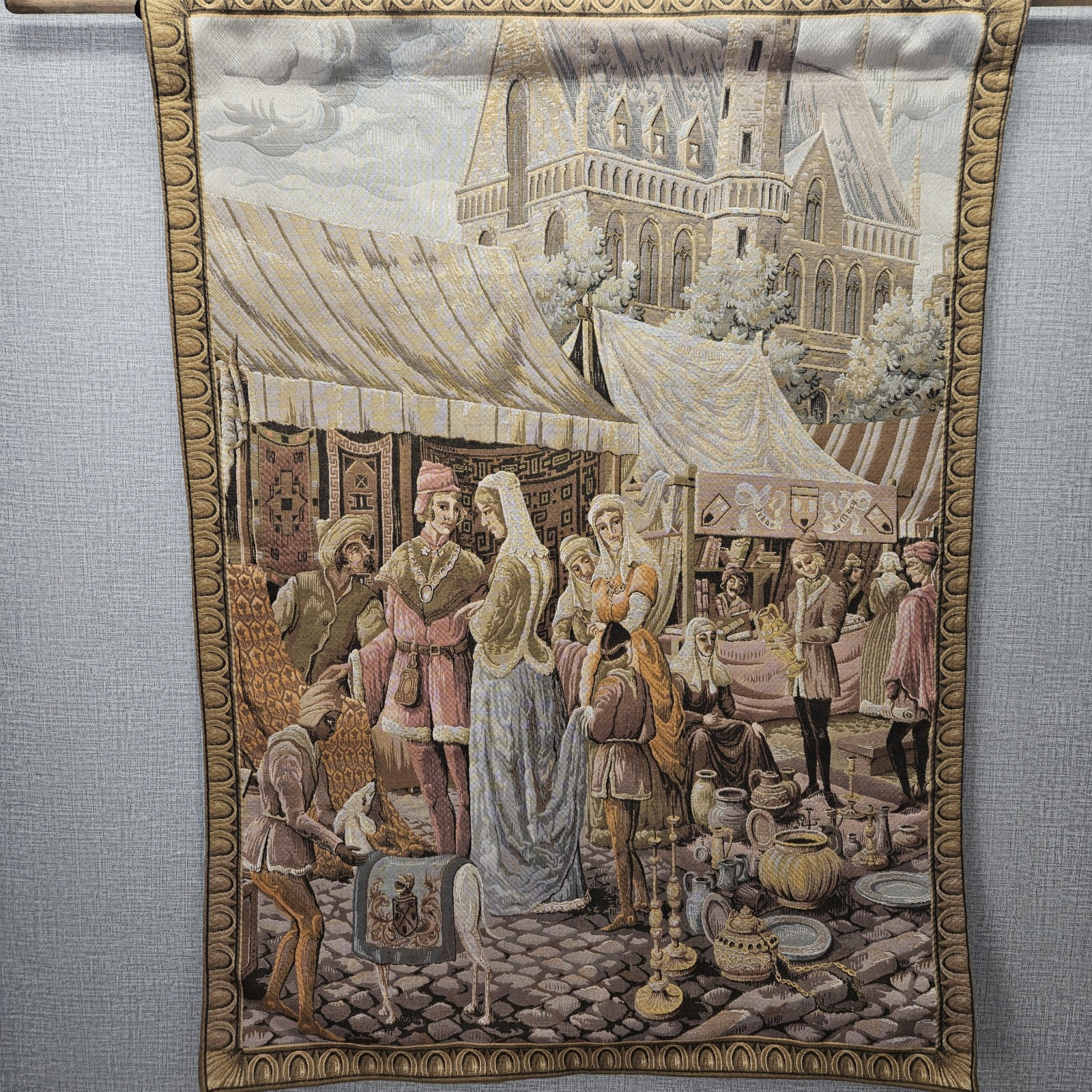 Vintage Belgium Tapestry Hand Woven 49″x35″ GHENT FRIDAY MARKET Gobelins Motif