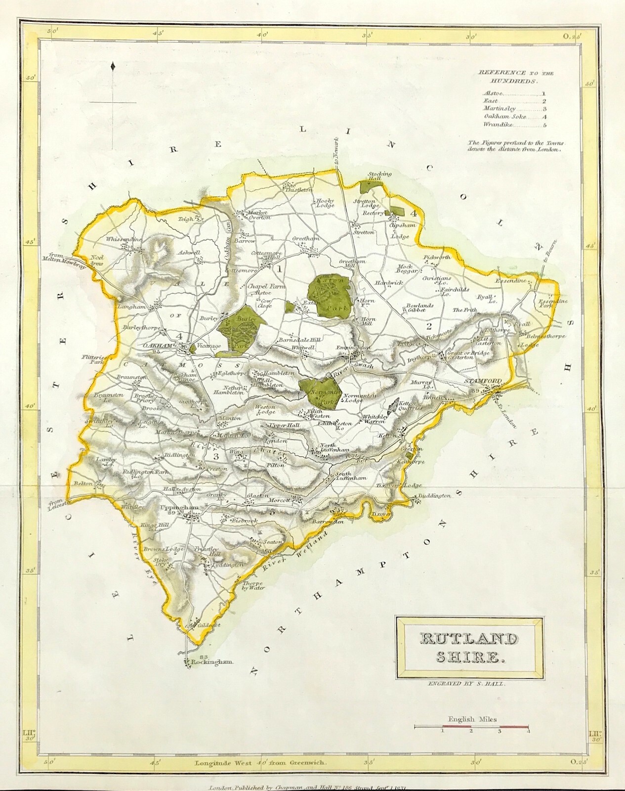 Rutlandshire map by S. Hall fine detail 1831 Original engraved hand colour