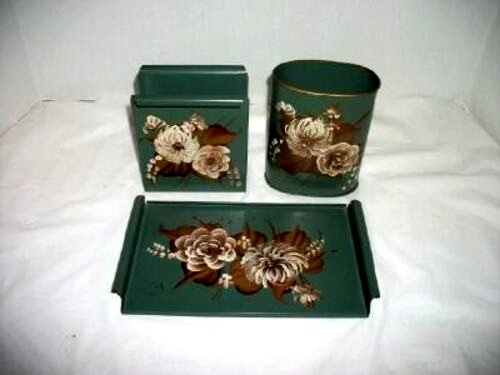 Vintage Green HP Tole Desk Set Tray Letter Holder Can 1950s Rolled Edges RARE