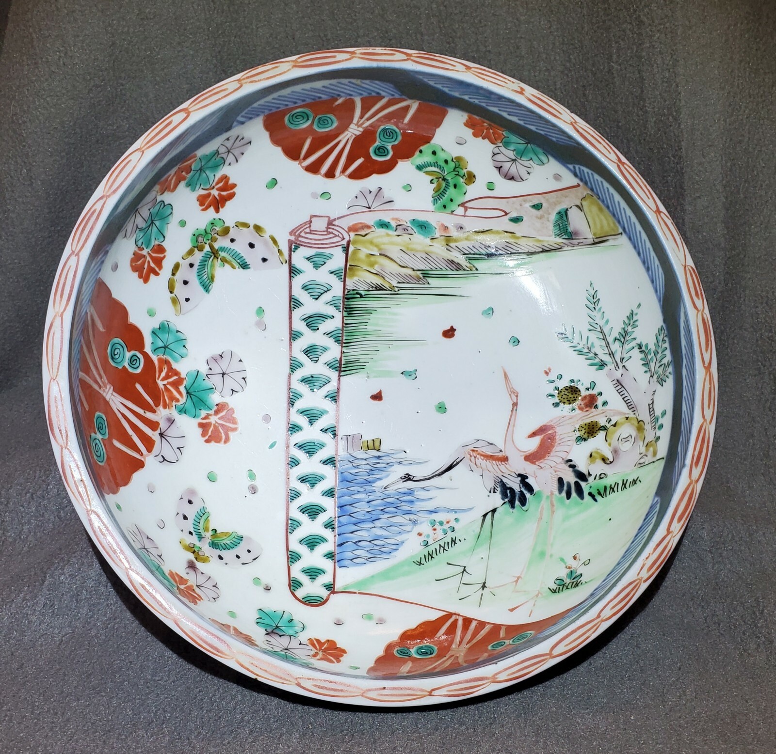 18th CENTURY KANGXI IMARI BOWL with CRANES in Scroll w/Butterfly – 9 3/4″ marked