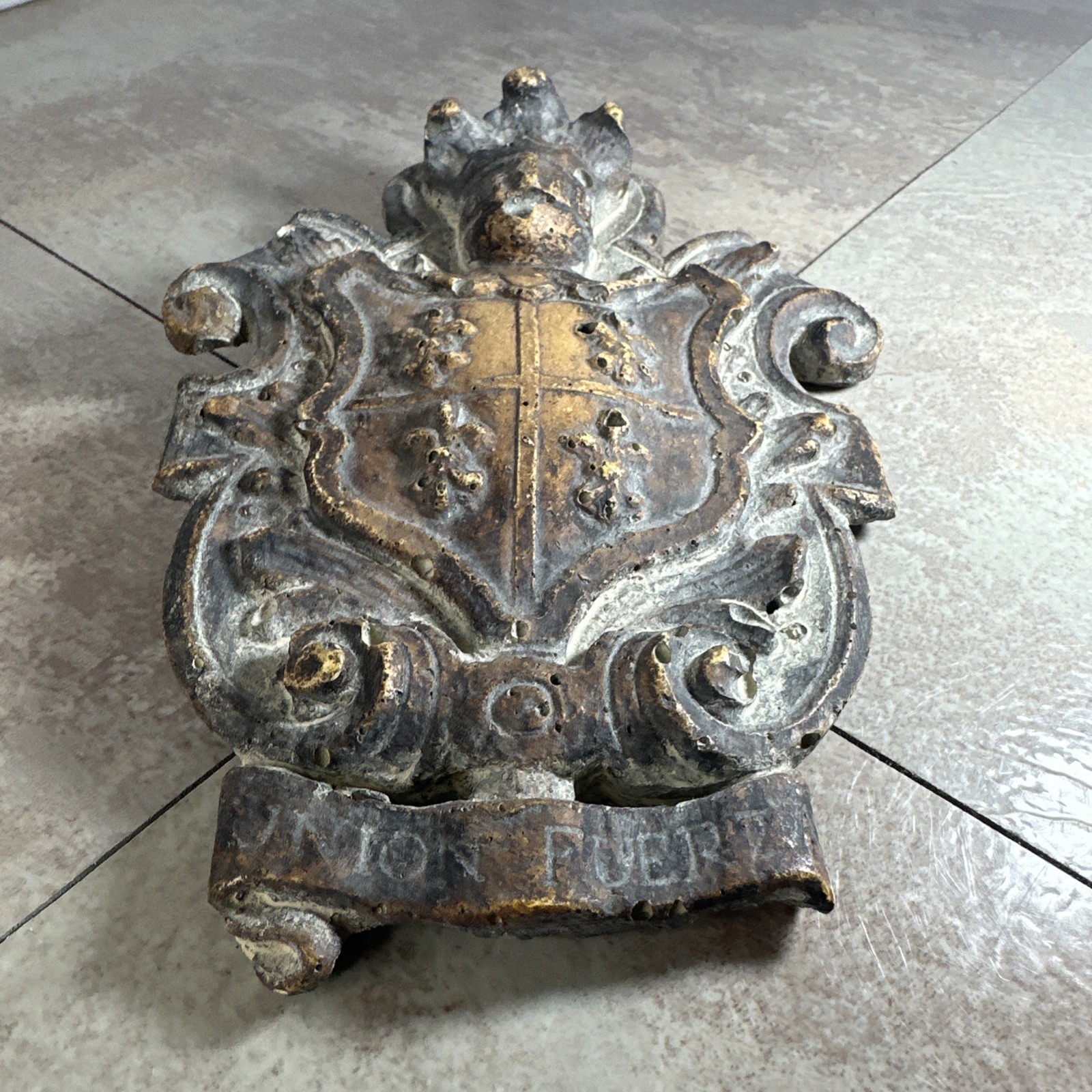 Antique Architectural Carved Plaster Coat Of Arms Cartouche UNION FUERZA