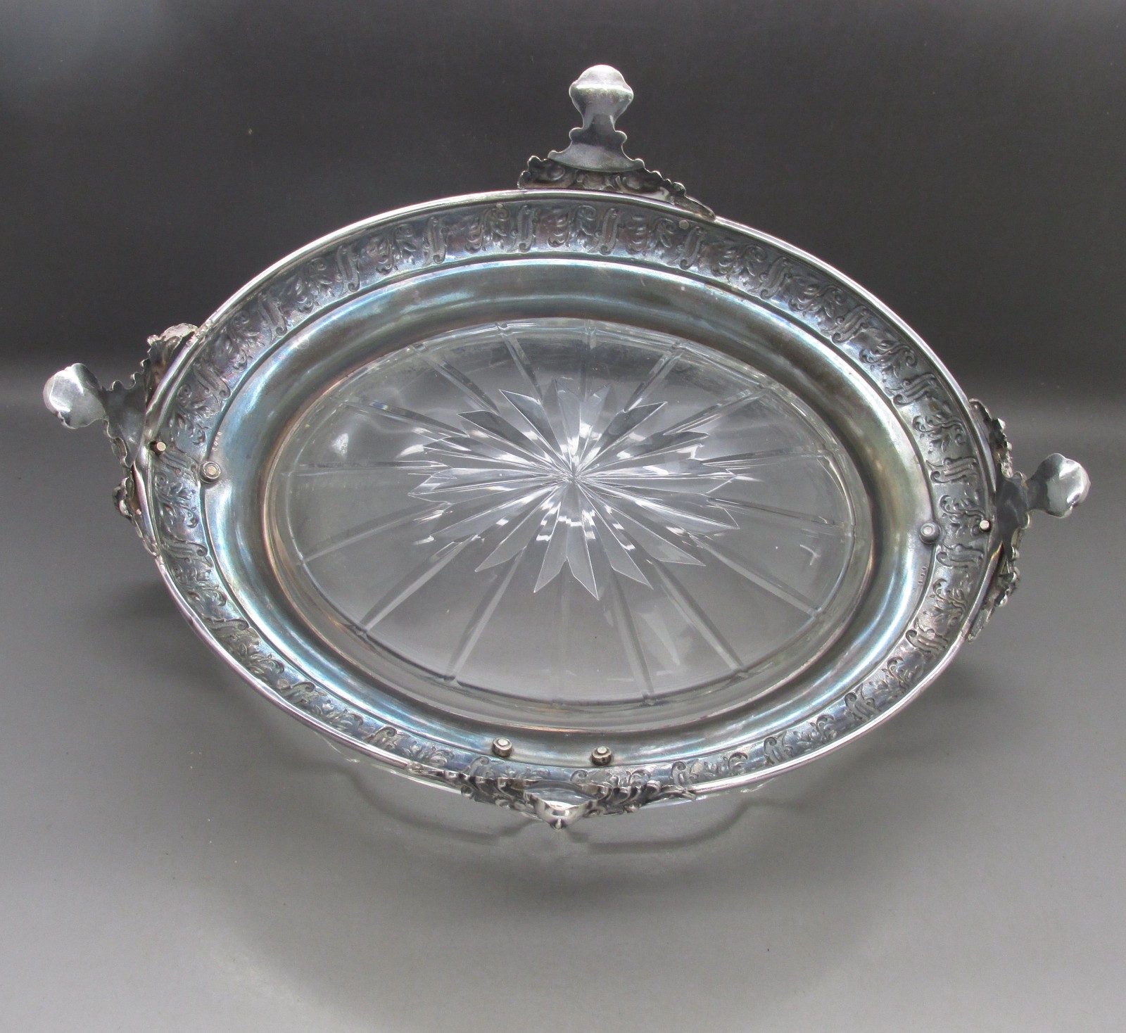 ANTIQUE LARGE SOLID SILVER & ETCHED GLASS TABLE CENTER PIECE 30CM 830g c1880