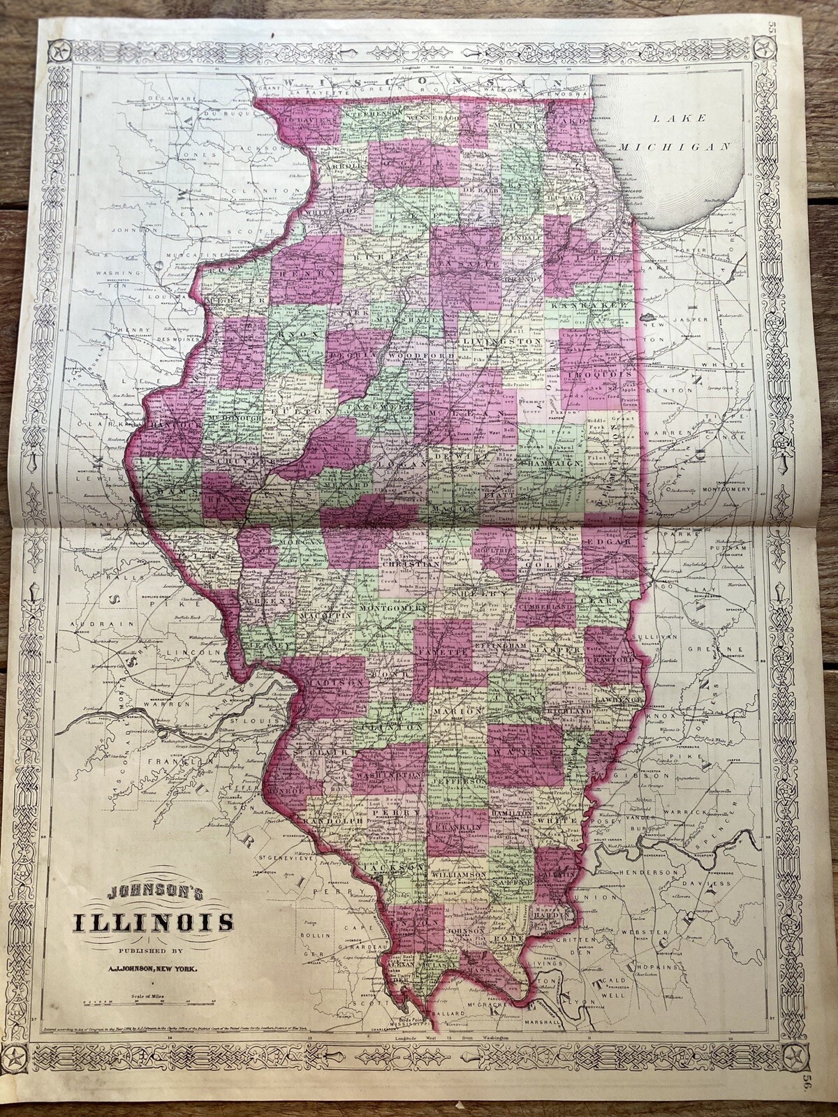 Rare 1867 ILLINOIS Map w/ Colored Counties ~ 24.25″ x 17.75″ ~ A.J. Johnson Map