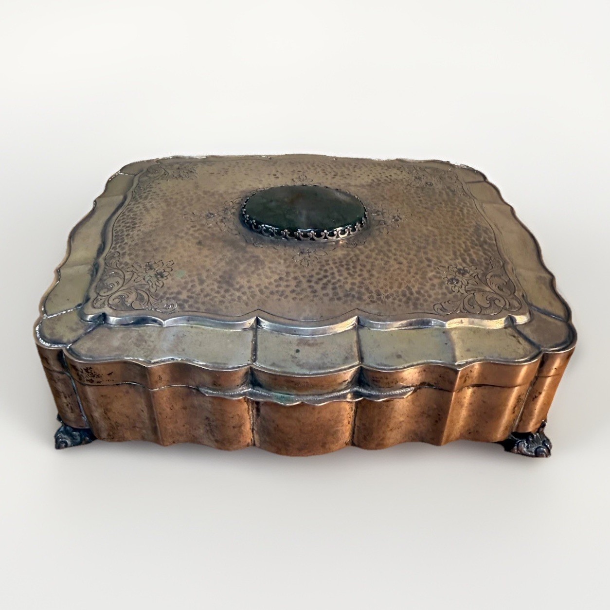 Fine Italian 800 Silver Hinged Box w Green Hardstone Lid 7″ x 6 x 2 .5″ 672 gram
