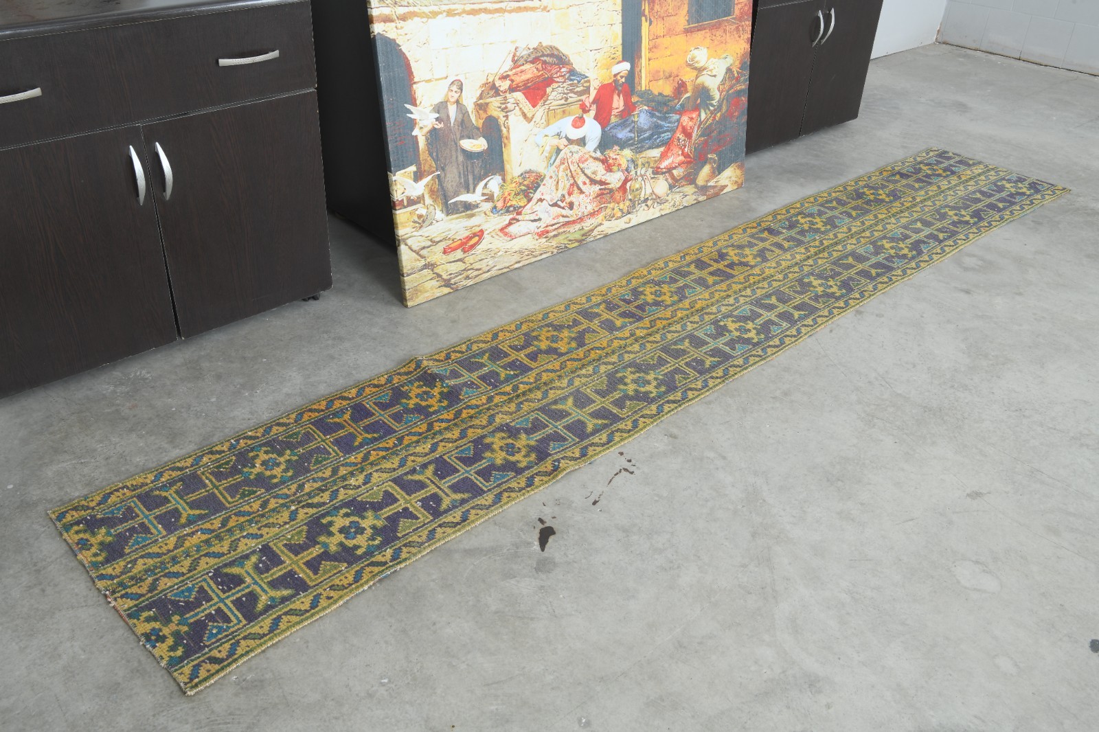 handmade faded vintage turkish runner rug 2×10 wool neutral oushak runner,178