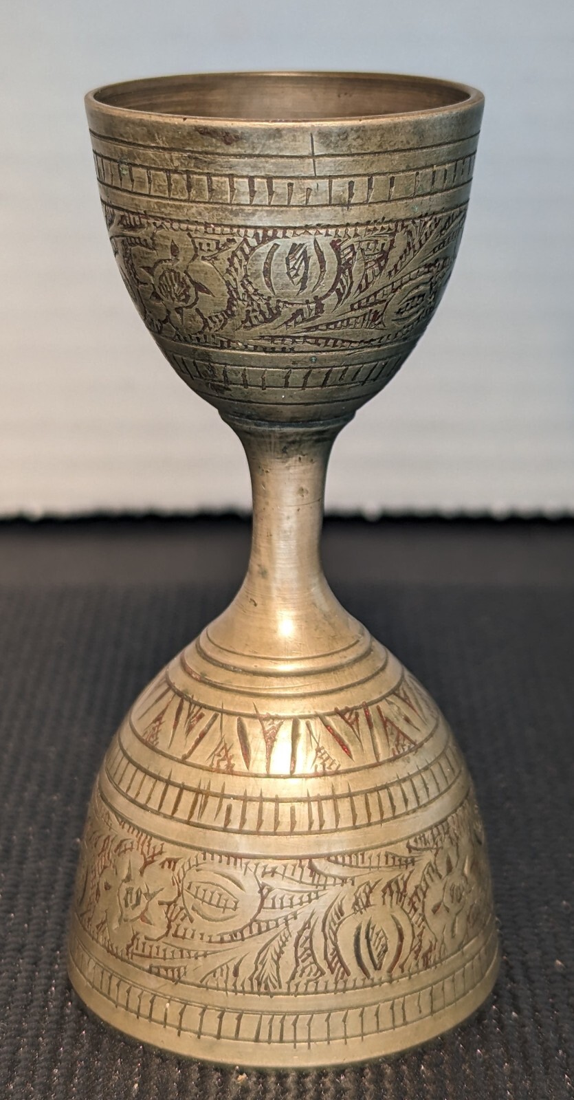 Antique Indian Brass Beautiful Minakari Work Engraved Double Ended Measuring Cup