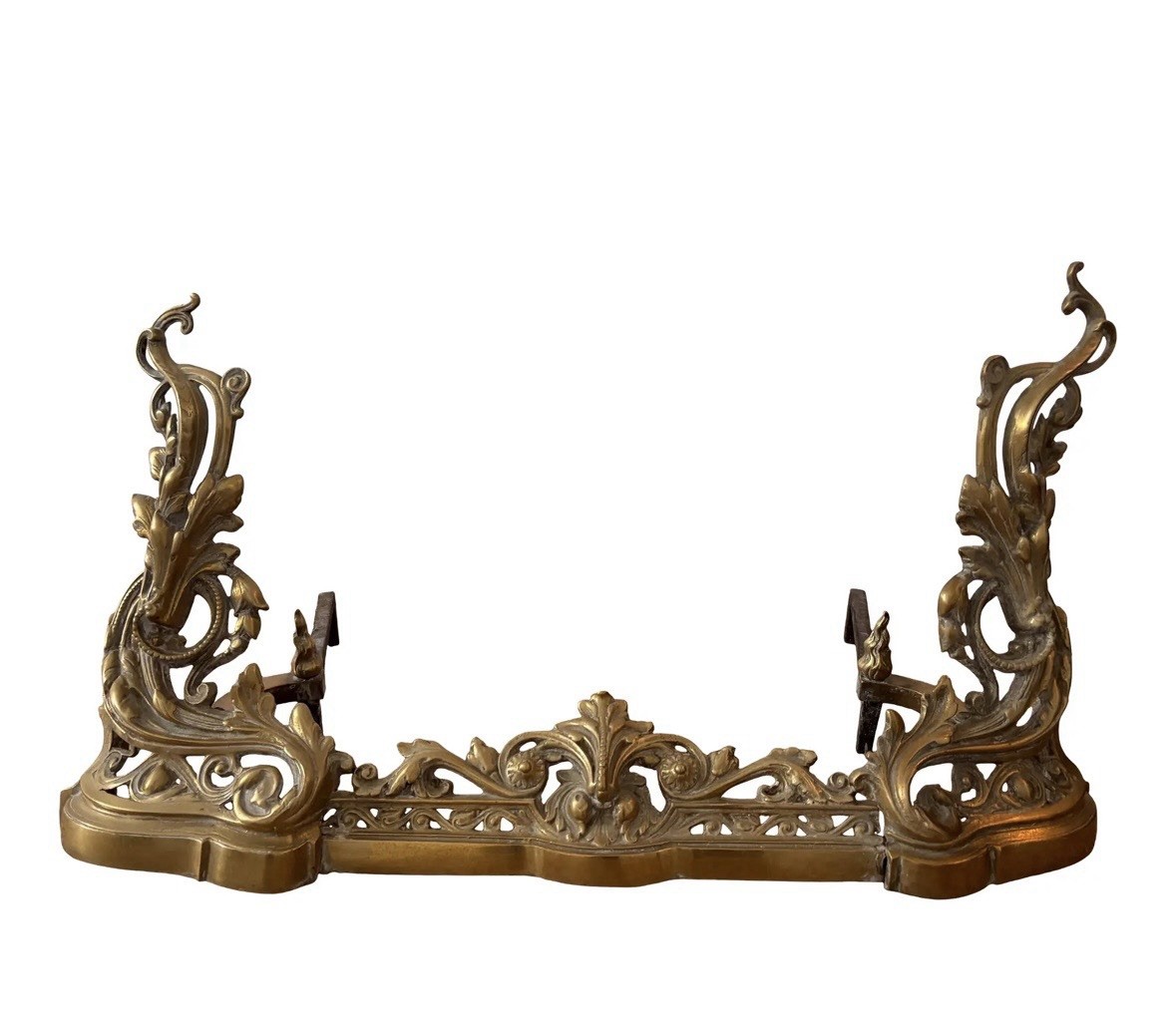 Antique French Louis XV Rococo Ornate Brass Fireplace Andirons & Fender Set 3 Pc