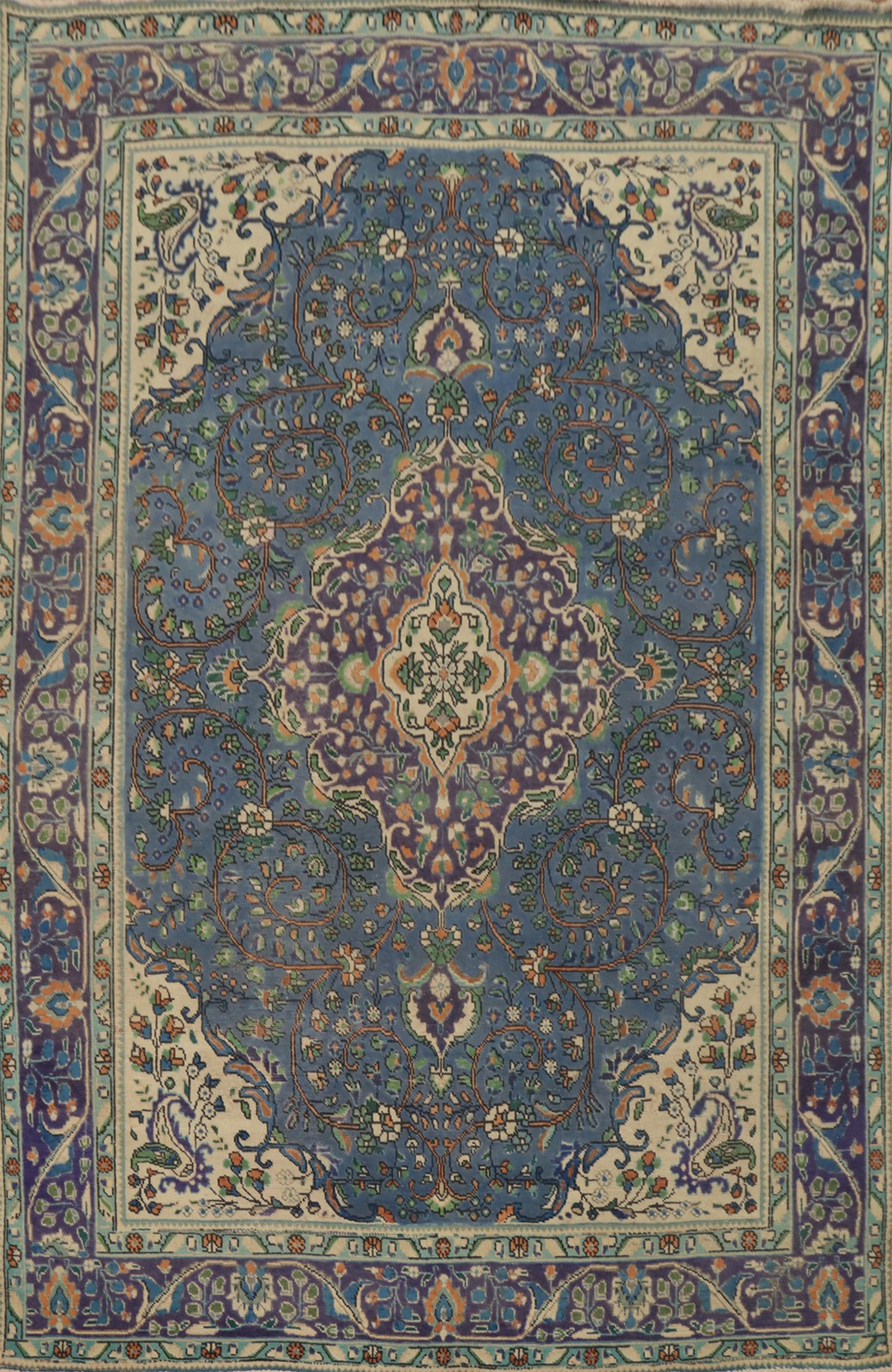Vintage Traditional Floral Blue Over-Dyed Hand-knotted Dining Room Area Rug 7×9