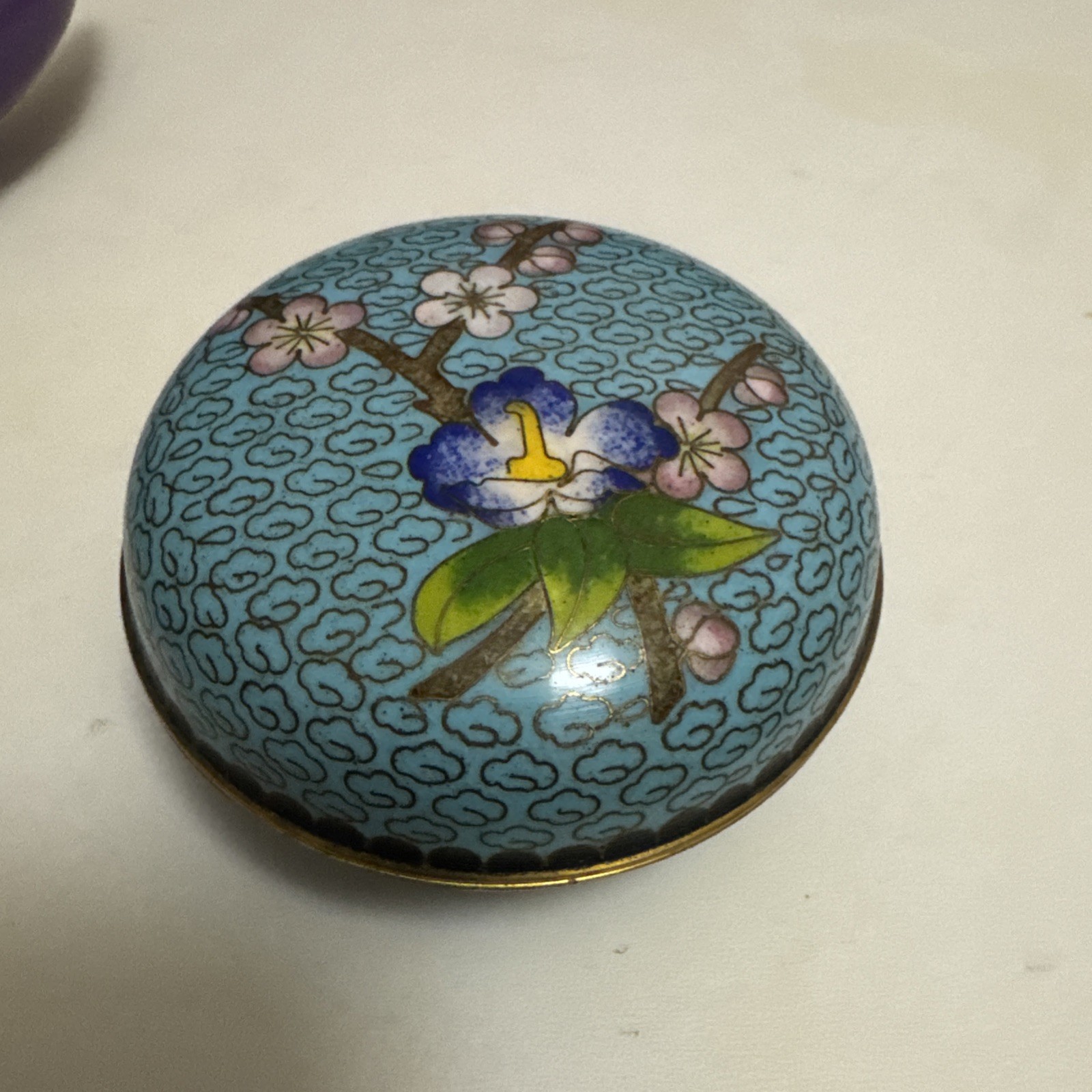 Peonies Cloisonné Round Brass Trinket Box with tag, People’s Republic of China