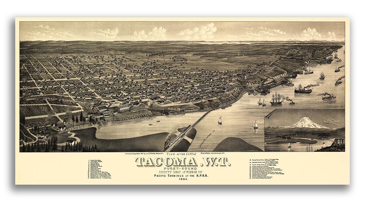 Tacoma Washington 1884 Historic Panoramic Town Map – 12×24