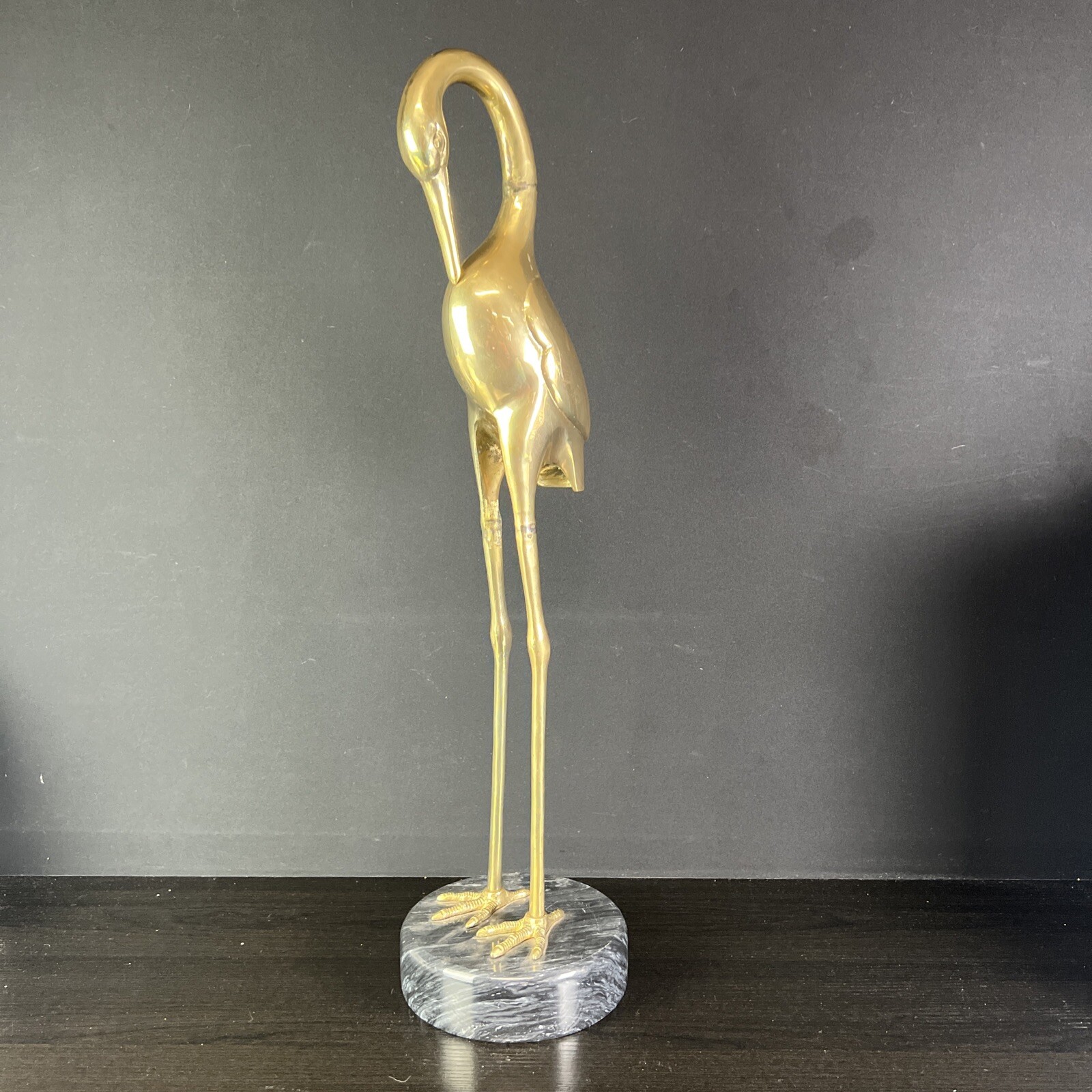 VTG Brass Crane statue 28” Marble Base MCM