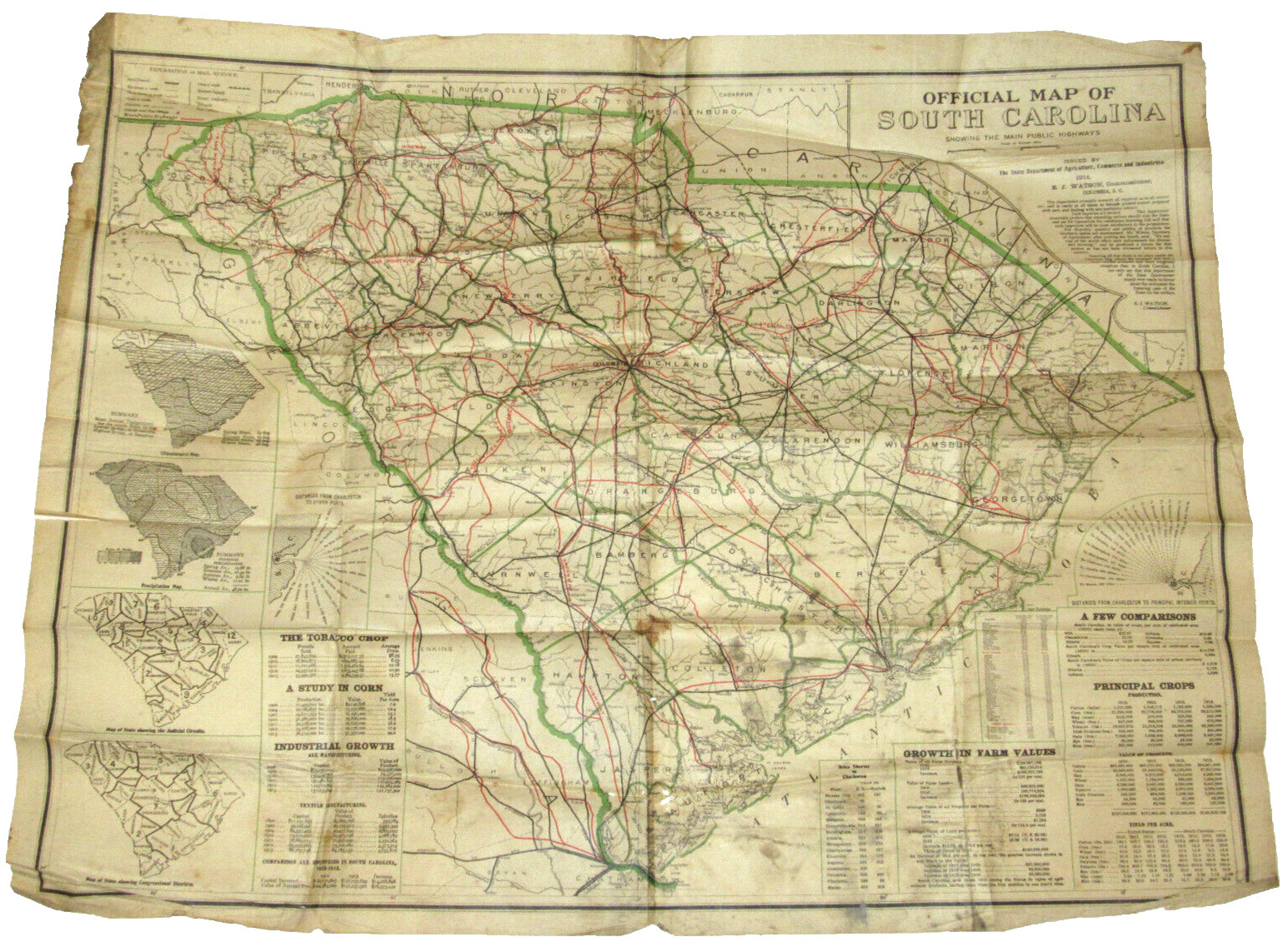 VINTAGE 1914 OFFICIAL MAP OF SOUTH CAROLINA SHOWING THE MAIN PUBLIC HIGHWAYS! SC