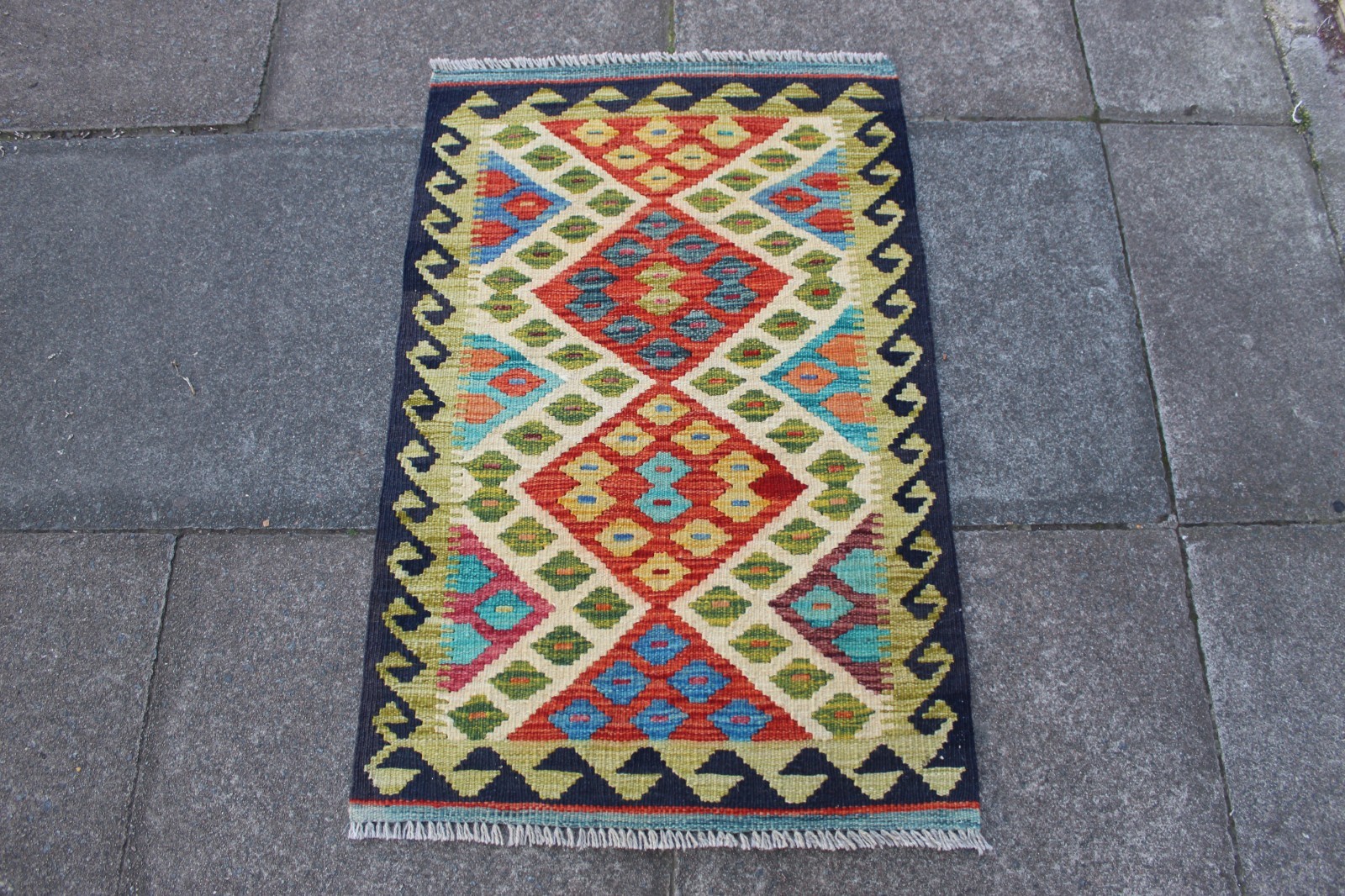 Kilim Vintage Traditional Hand Made Oriental Green Wool Small Kilim 104x68cm