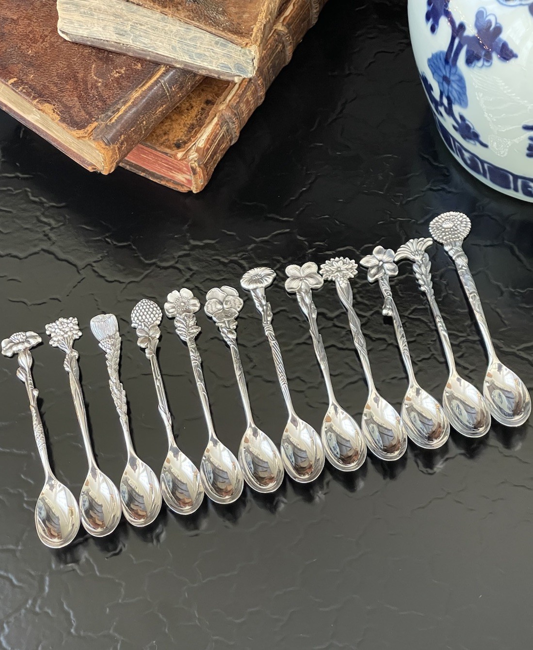Rare Set 12 Tiffany & Co Sterling Silver Floral Demitasse Spoons American c1895