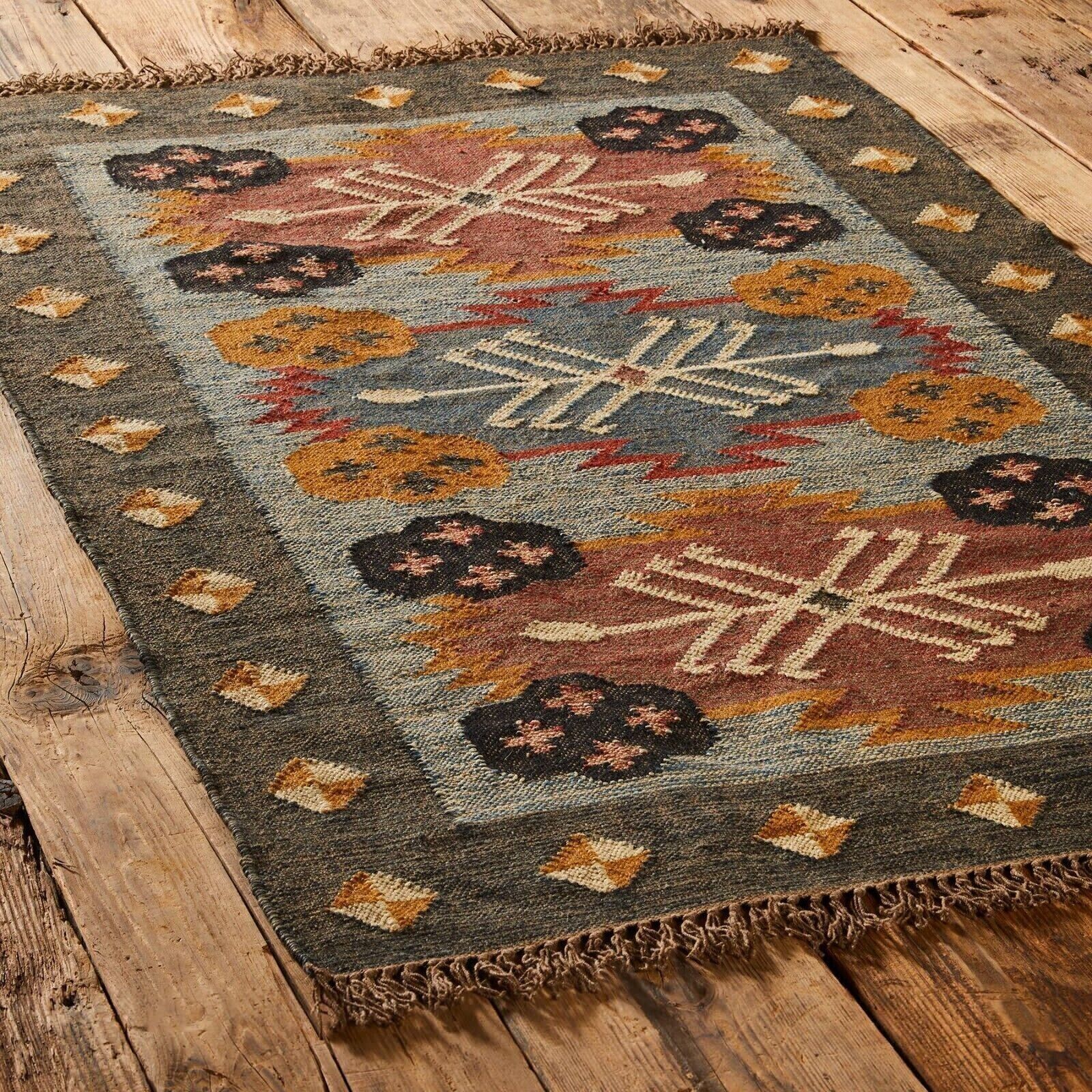 Rectangle Rug Vintage Wool Jute Area Hallway Kilim Geometric Accent Rug Runner