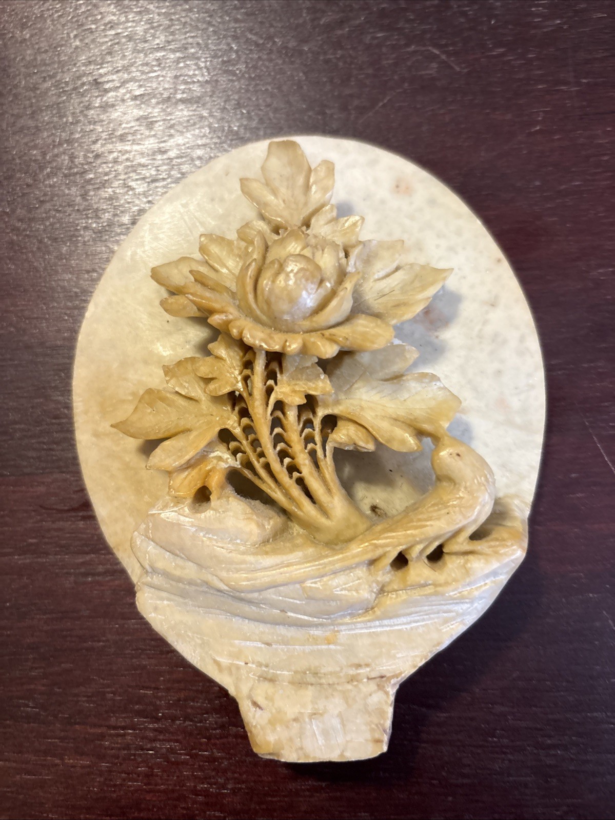 Vintage Hand Carved Soapstone Flower And Bird Sculpture 3.5” X 5”