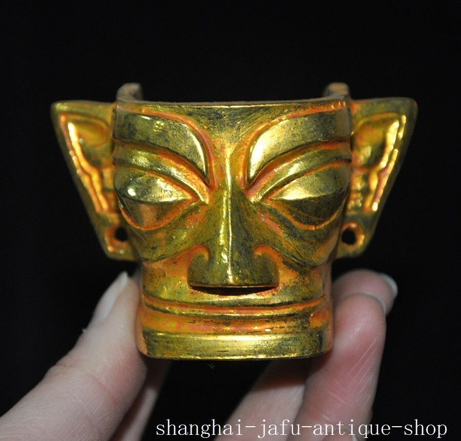 2.8″ China Sanxingdui Culture bronze 24k gold Gilt sacrifice Mask statue