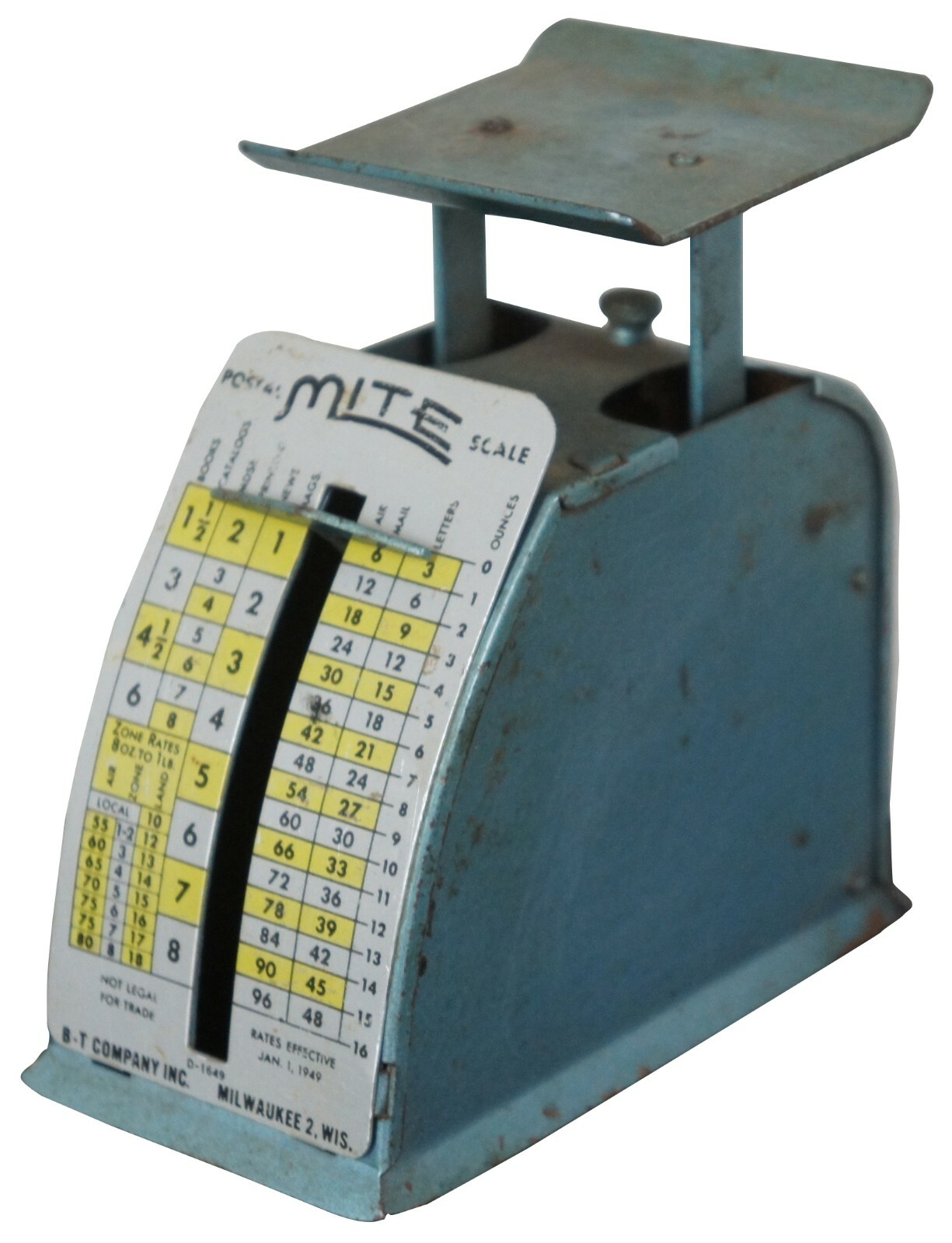 1950s Vintage Mite Postal Letter Weight Scale B-T Co Blue 16oz 1lb Mid Century