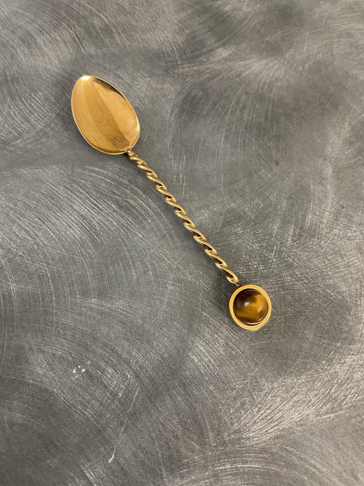 LOVELY SILVER GILT TIGERS EYE DEMITASSE SPOON CIRCA 1950