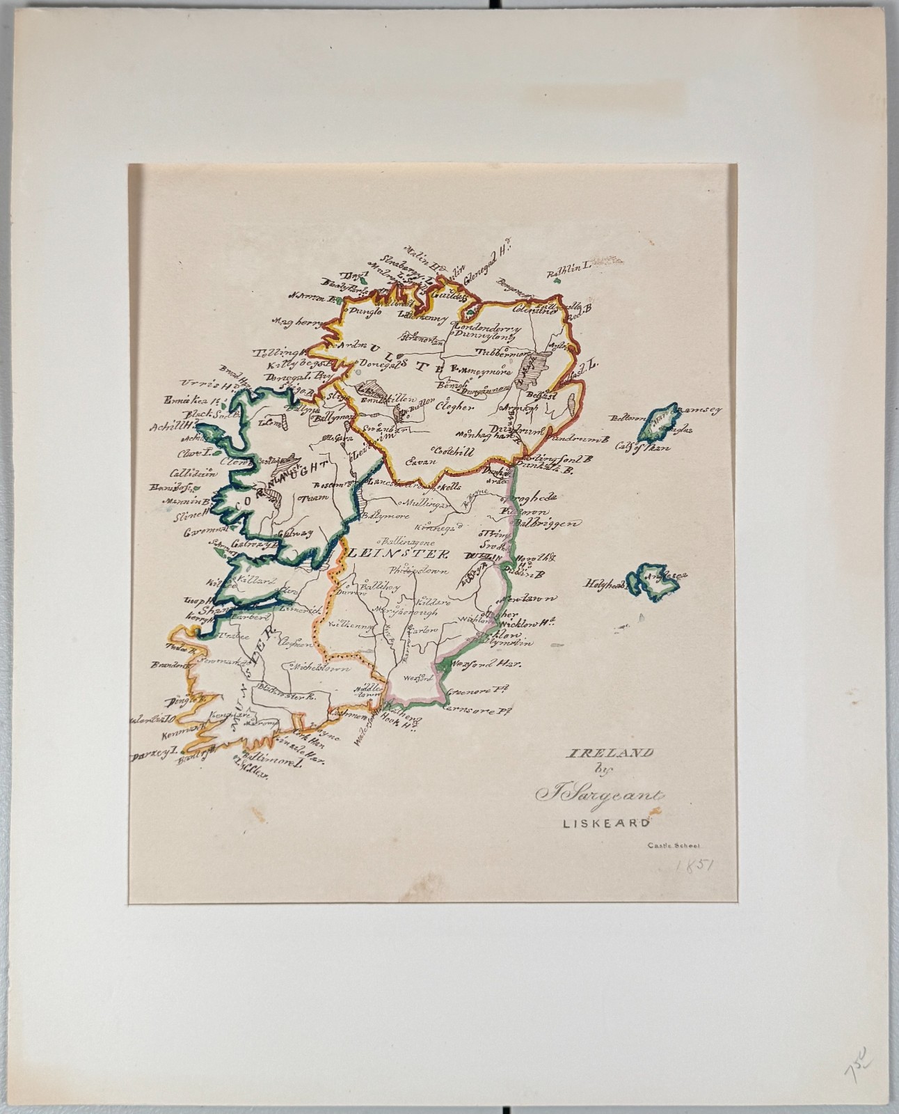 Antique Hand Drawn Map Ireland Isle of Man 19th Century Colored Drawing SIGNED