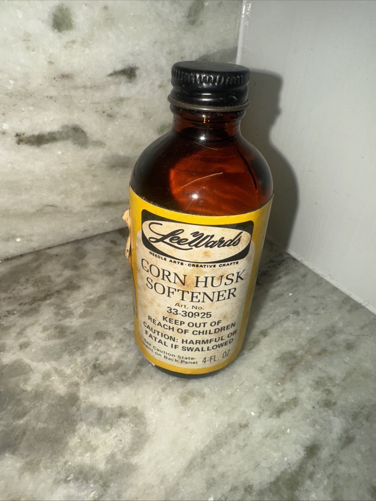 Antique Lee Wards Amber Glass 4oz Bottle Corn Husk Softener RARE VTG NEW YORK