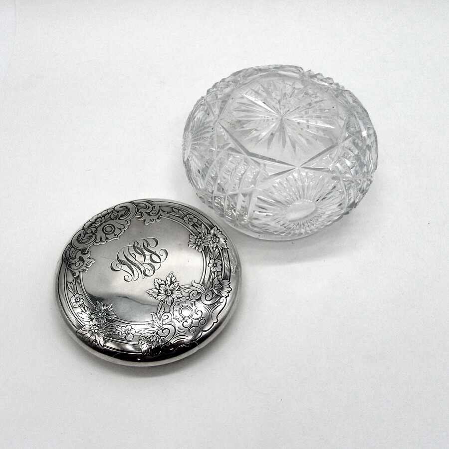 Acid Etched Dresser Jar Gorham Sterling Silver Cut Glass Mono BEM
