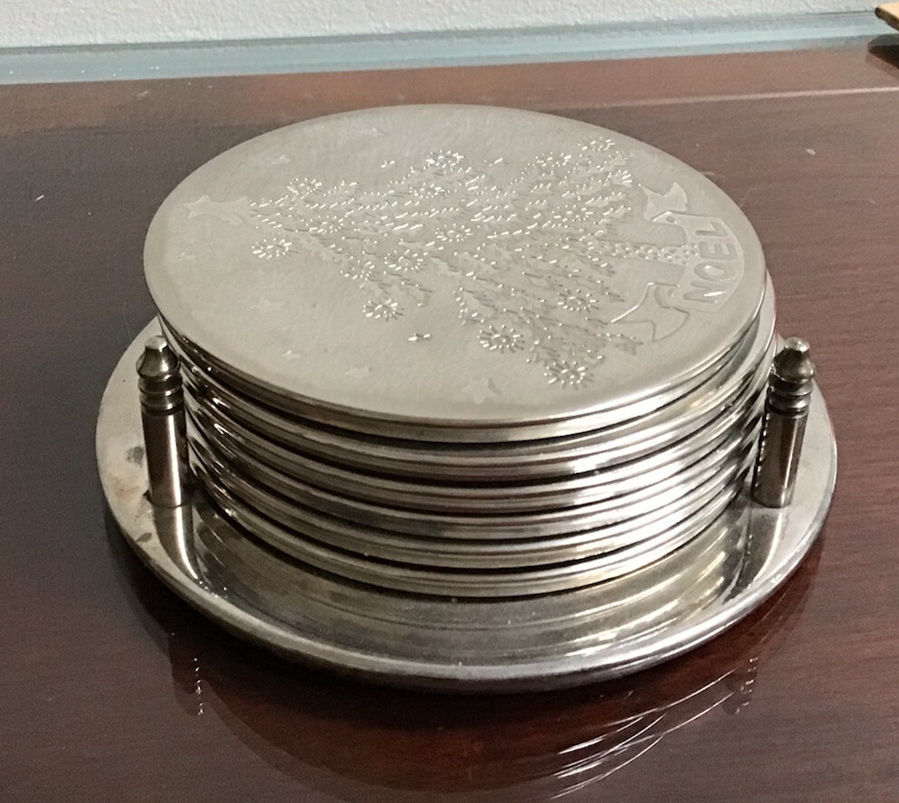 SilverPlate Set Of 6 Coasters With Base Noel Christmas Tree Vintage 3.5”D