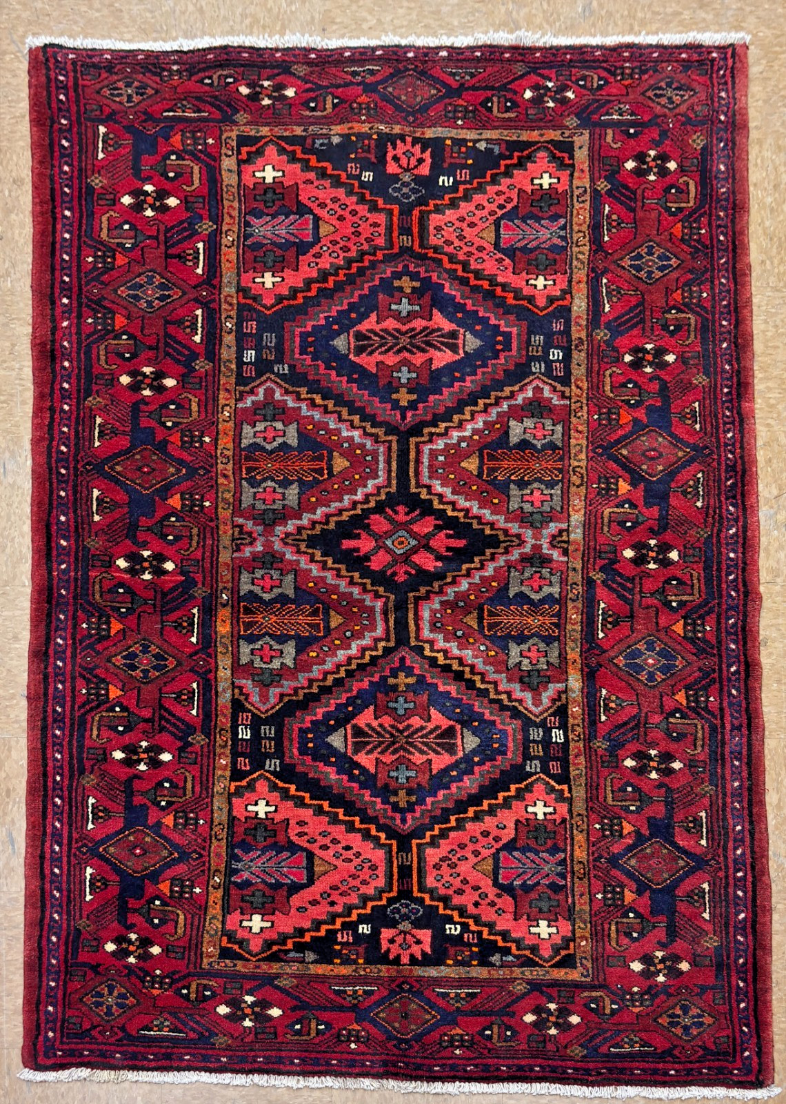 4×7 Hand Knotted Vintage Oriental Zanjan Tribal Wool Area Rug Geometric Red Blue