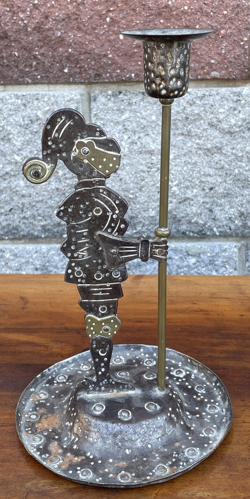Mixed Metals Arts & Crafts Knight Candlestick By Hugo Berger 10 1/2” X 6”